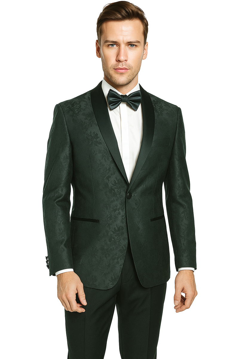Burgundy and gray jacquard tuxedo with shawl lapel. Tailored single-button closure, defined shoulders, and slim fit. Features black trimmed pockets, and contrasting bow tie.
