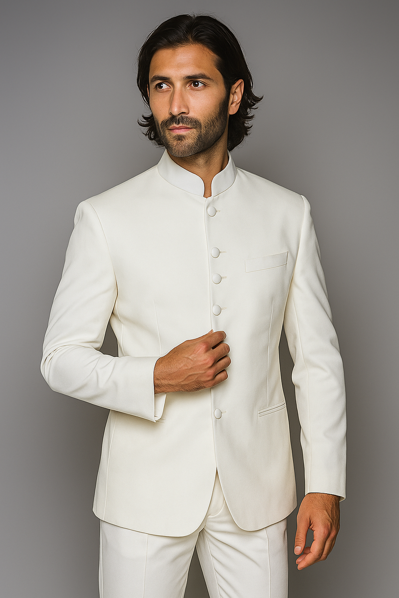 Quality Pure Snow White Mandarin Collar Tuxedo Suits For Men Light Weight Soft Fabric - All White Suit