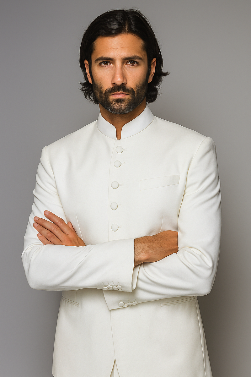 Quality Pure Snow White Mandarin Collar Tuxedo Suits For Men Light Weight Soft Fabric - All White Suit