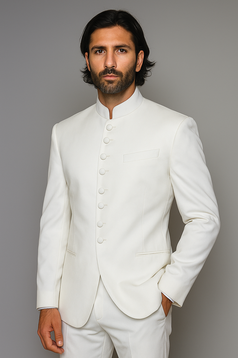 Quality Pure Snow White Mandarin Collar Tuxedo Suits For Men Light Weight Soft Fabric - All White Suit