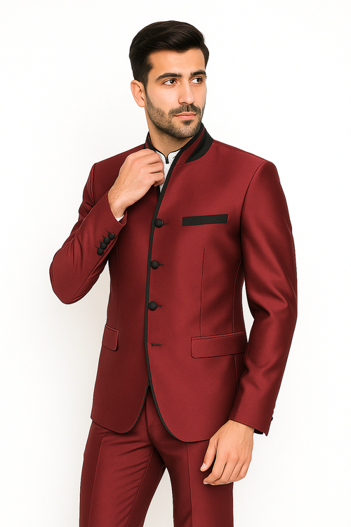 Wedding Groom Suit - Prom 2026 Tuxedo Suit - No Collar Weddig Tuxedo - Wine
