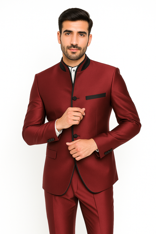 Wedding Groom Suit - Prom 2026 Tuxedo Suit - No Collar Weddig Tuxedo - Wine