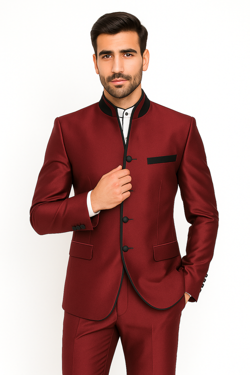 Wedding Groom Suit - Prom 2026 Tuxedo Suit - No Collar Weddig Tuxedo - Wine