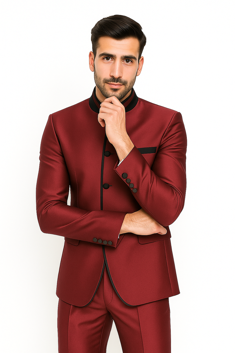 Wedding Groom Suit - Prom 2026 Tuxedo Suit - No Collar Weddig Tuxedo - Wine