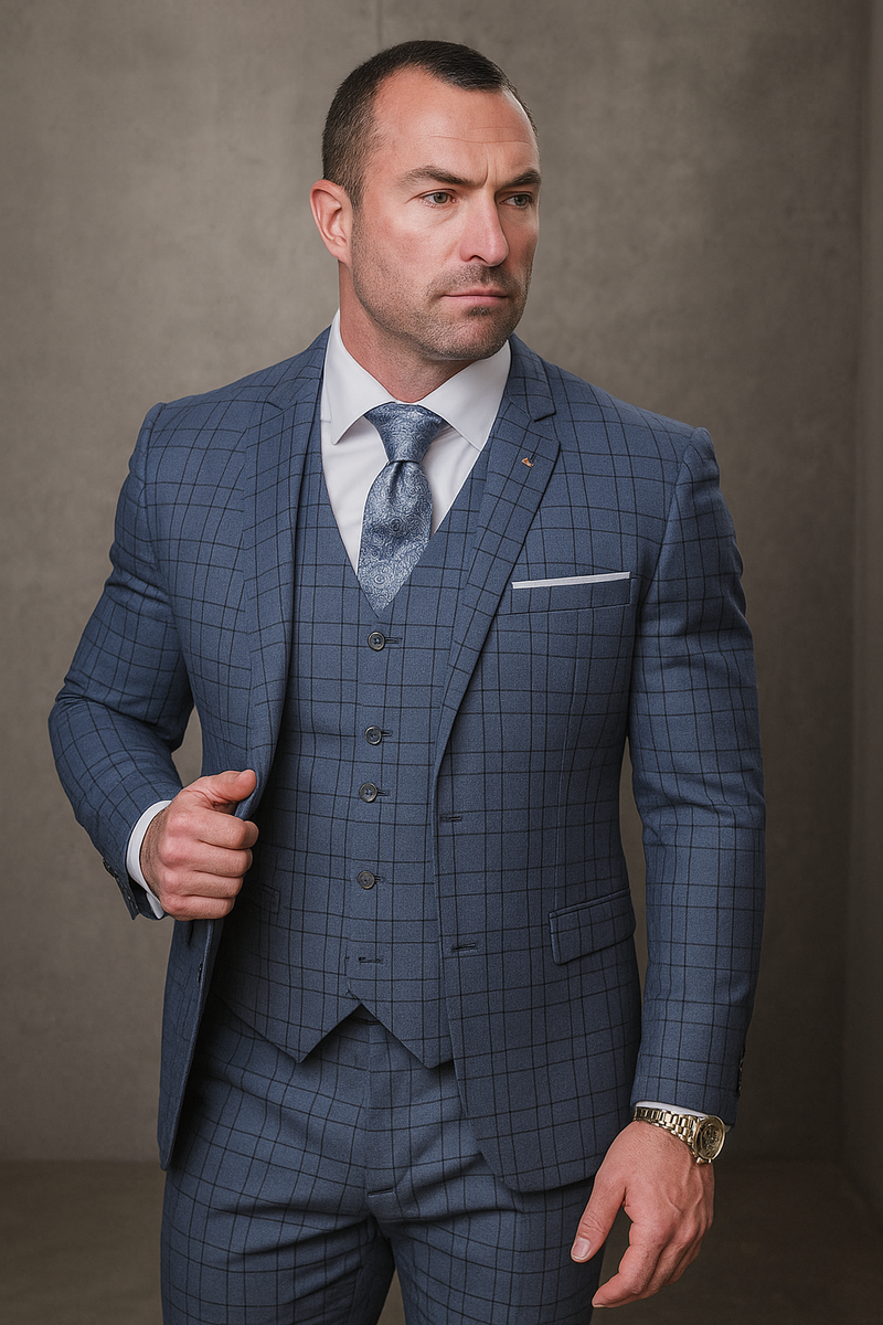 Statement Suits - Plaid Suits - Business Suits Italian Vested Suits Blue
