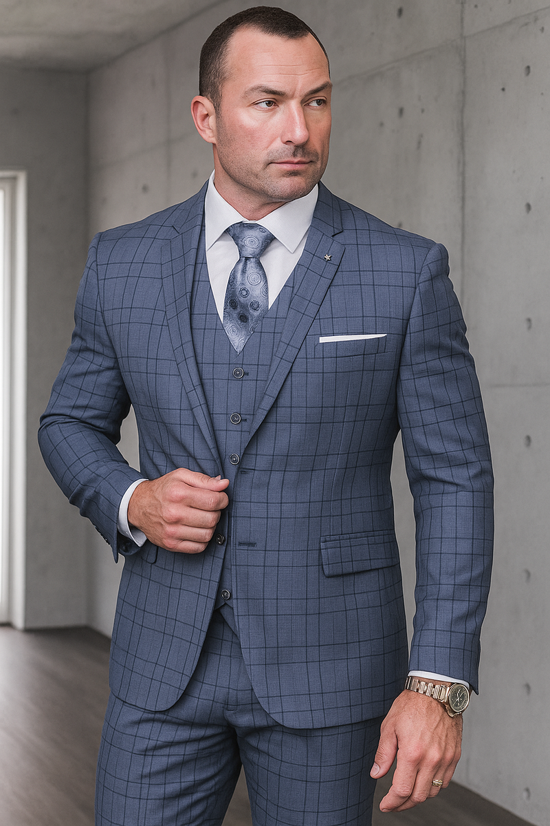 Statement Suits - Plaid Suits - Business Suits Italian Vested Suits Blue