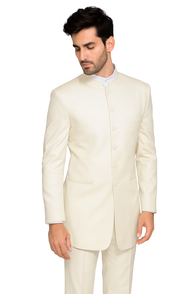 Men’s Cream Mandarin Collar Tuxedo, No Collar Formal Wedding Prom Suit