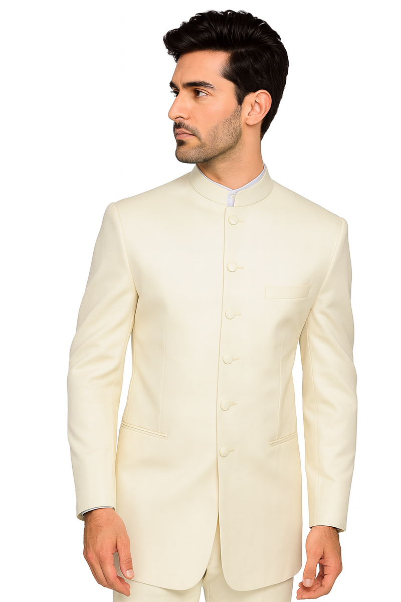 Men’s Cream Mandarin Collar Tuxedo, No Collar Formal Wedding Prom Suit