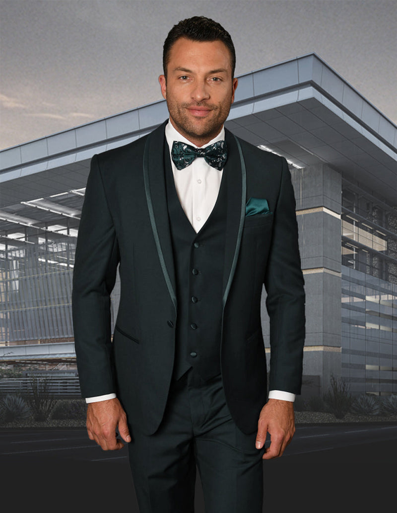 Hunter green men's tuxedo with satin trim, shawl lapel, and a fitted vest. Includes a three-button vest closure and shawl collar. A stylish formalwear option.