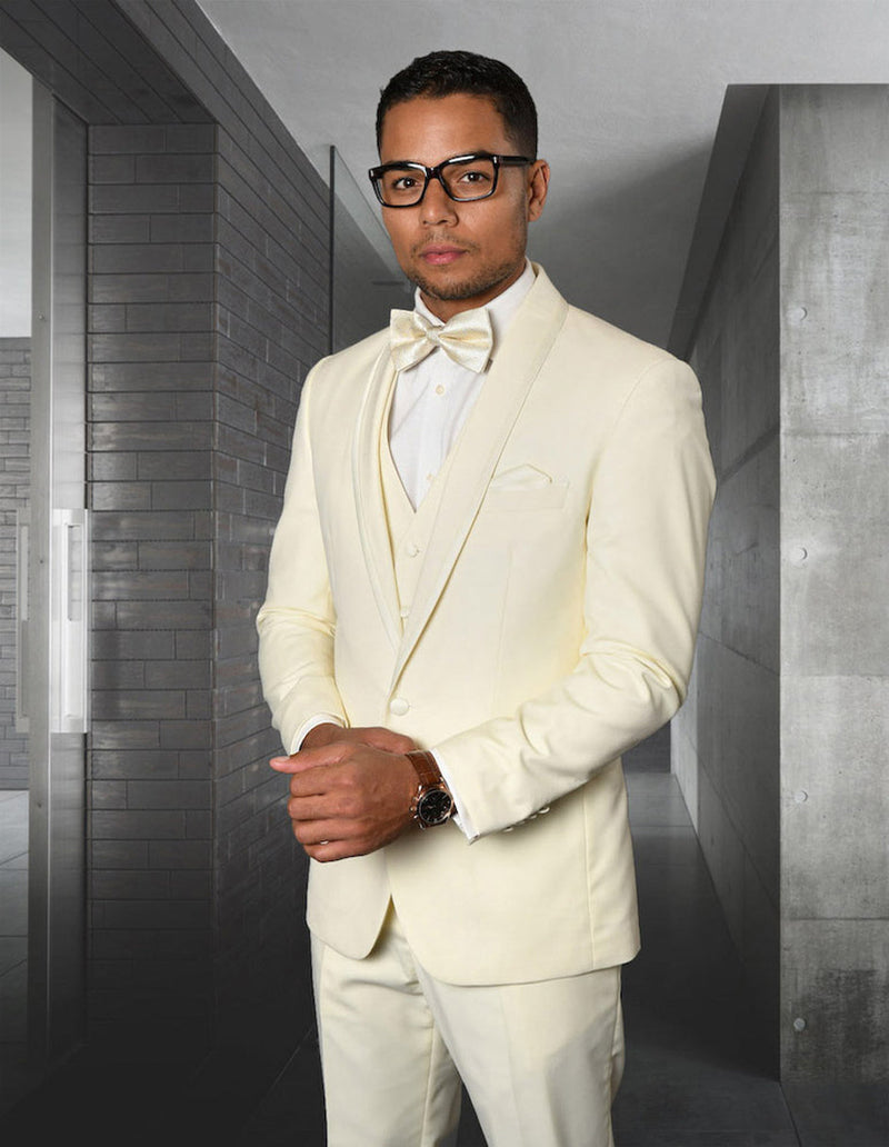 Men's ivory satin trim tuxedo with a shawl lapel. Fitted jacket with a one-button closure. Includes a sleek vest. Classic and elegant formal wear.