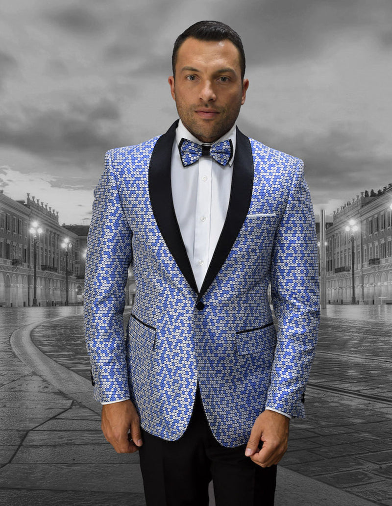 Royal Blue tuxedo with circular print blazer. Black shawl lapel, single-button closure, and two front pockets. Tailored fit extending to the waist. Paired with black trousers.