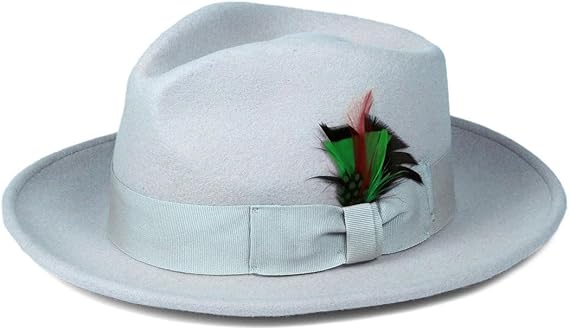 Gangster 100% Australian Wool Crushable Mens Fedora Hat - Removable Feather Gangster Sky Blue Mens Fedora Hat
