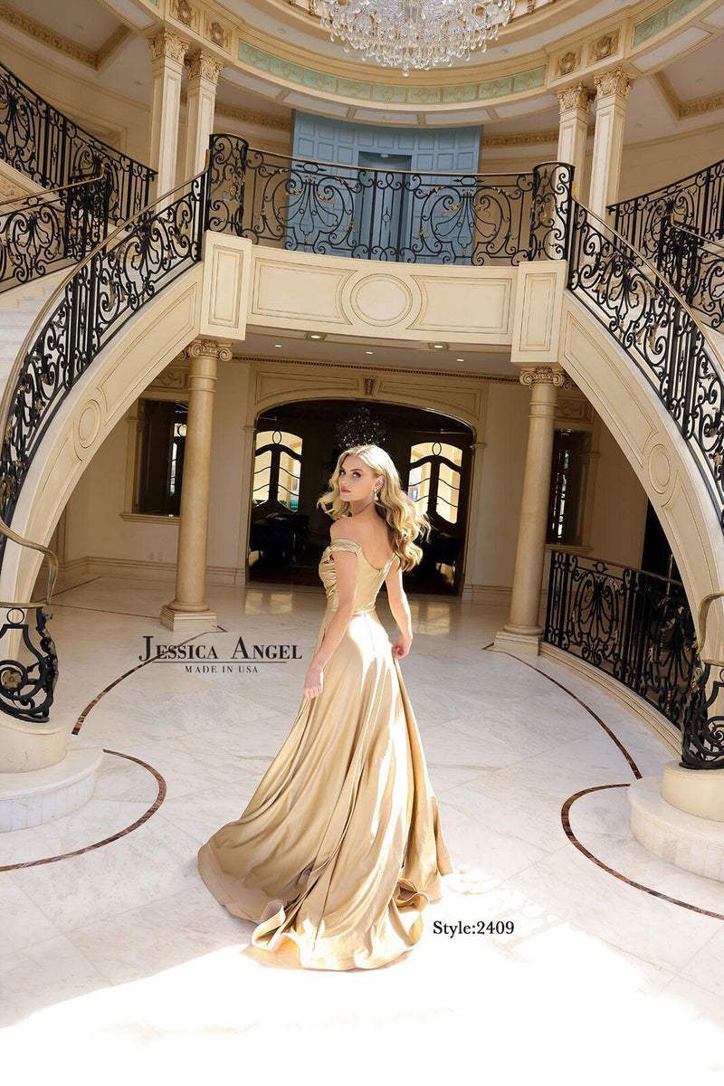 Jessica Angel JA2409 Off-Shoulder A-Line Ruched Train Slit Prom Jersey Dress