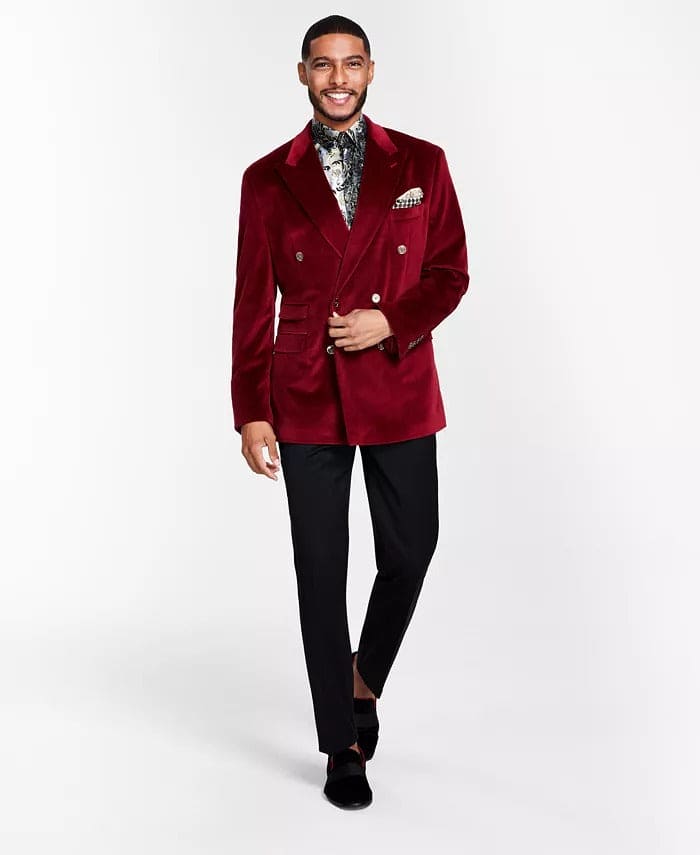 Mens Blazer Burgundy Velvet Blazer - Double breasted Blazer