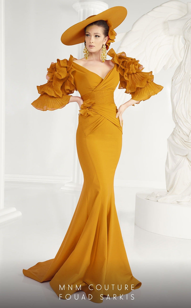Fouad Sarkis 2574 Red Ruffled Sleeve Mermaid Gown by MNM Couture
