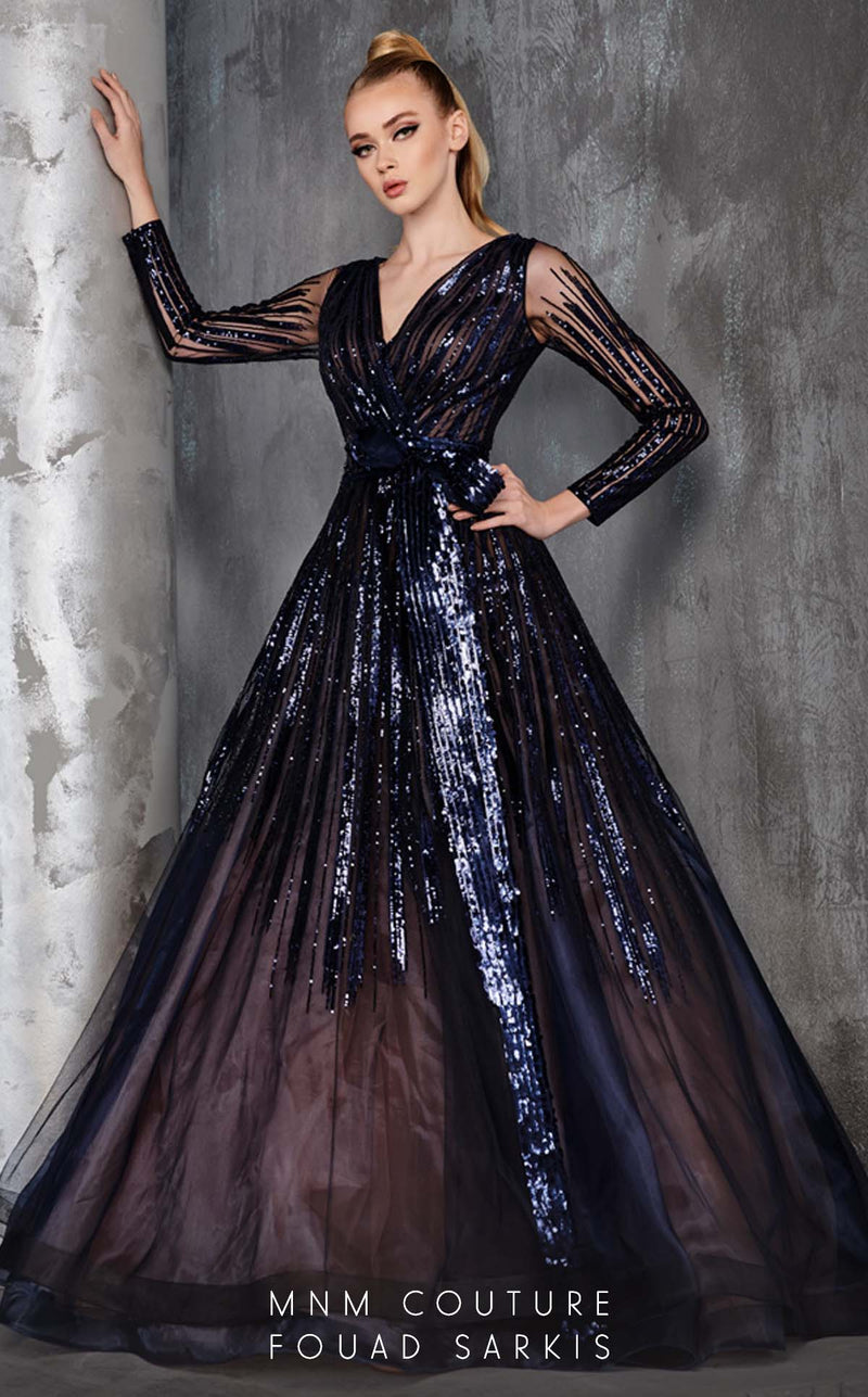 Fouad Sarkis 2621 Blue Sequined Illusion Ball Gown by MNM Couture