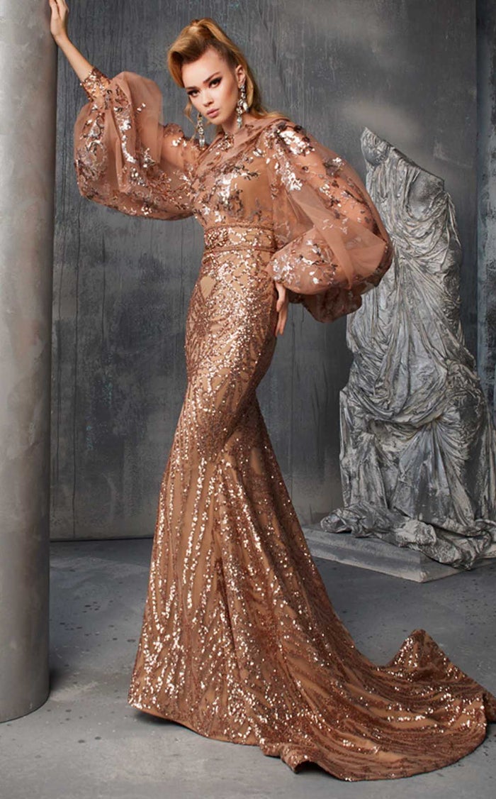 Fouad Sarkis 2637 Gold Sequined Puff Sleeve Mermaid Gown