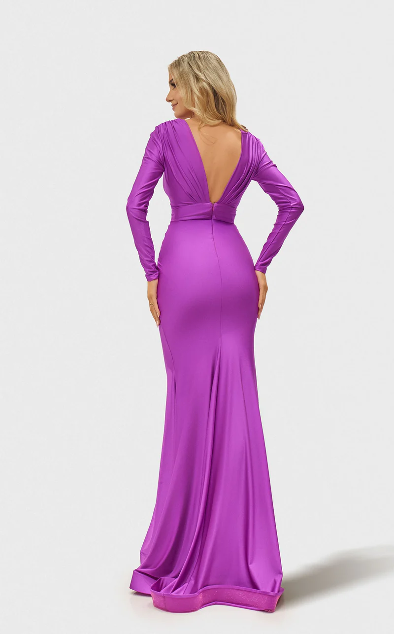 Jessica Angel JA2661 V-Neck Long Sleeve Sheath V-Back Slit Evening Jersey Dress