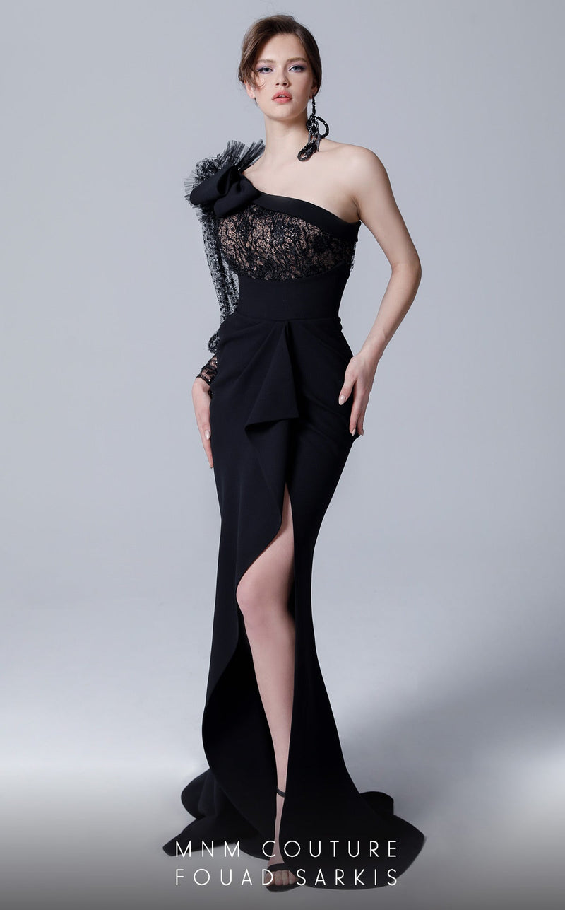 Fouad Sarkis 2690 Asymmetrical Lace & Draped Slit Gown