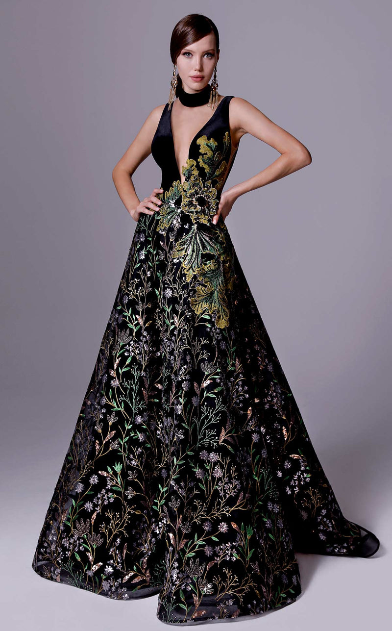 Fouad Sarkis 2707 Plunging Embroidered Ball Gown in Black