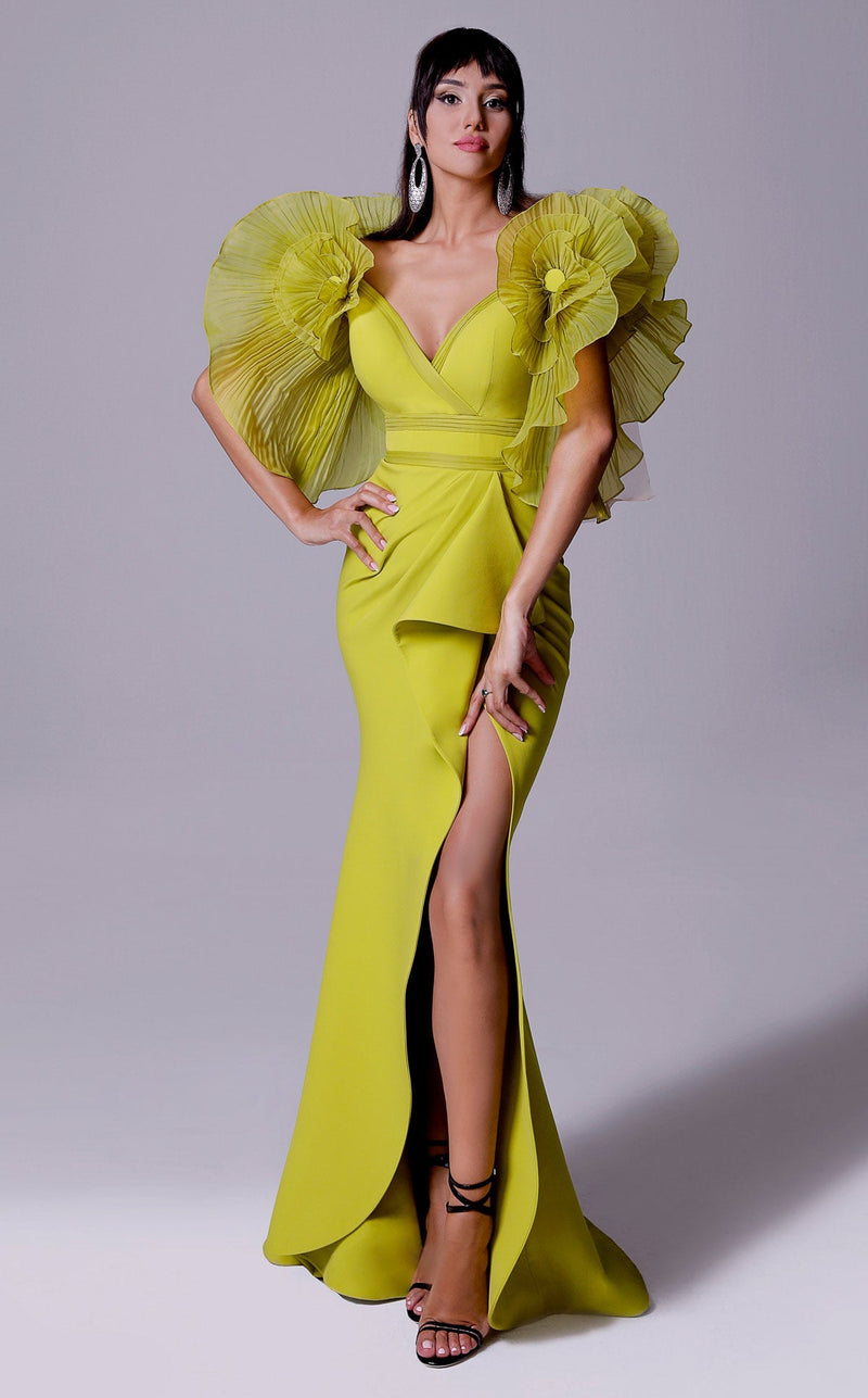Fouad Sarkis 2712 Statement Ruffled Sleeve Slit Gown