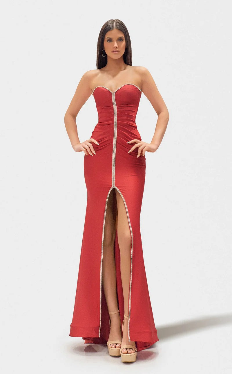 Jessica Angel JA2725 Strapless Sweetheart Fitted High Slit Beaded Jersey Dress