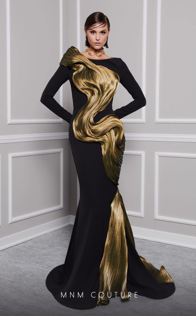 MNM Couture 2730A Jewel Neck Draped Mermaid Gown in Black/Olive