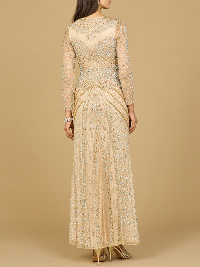 Illusion Neck, Long Sleeve Beaded Gown