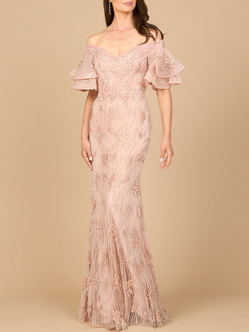 Off Shoulder Mermaid Gown with Tiered Sleeves