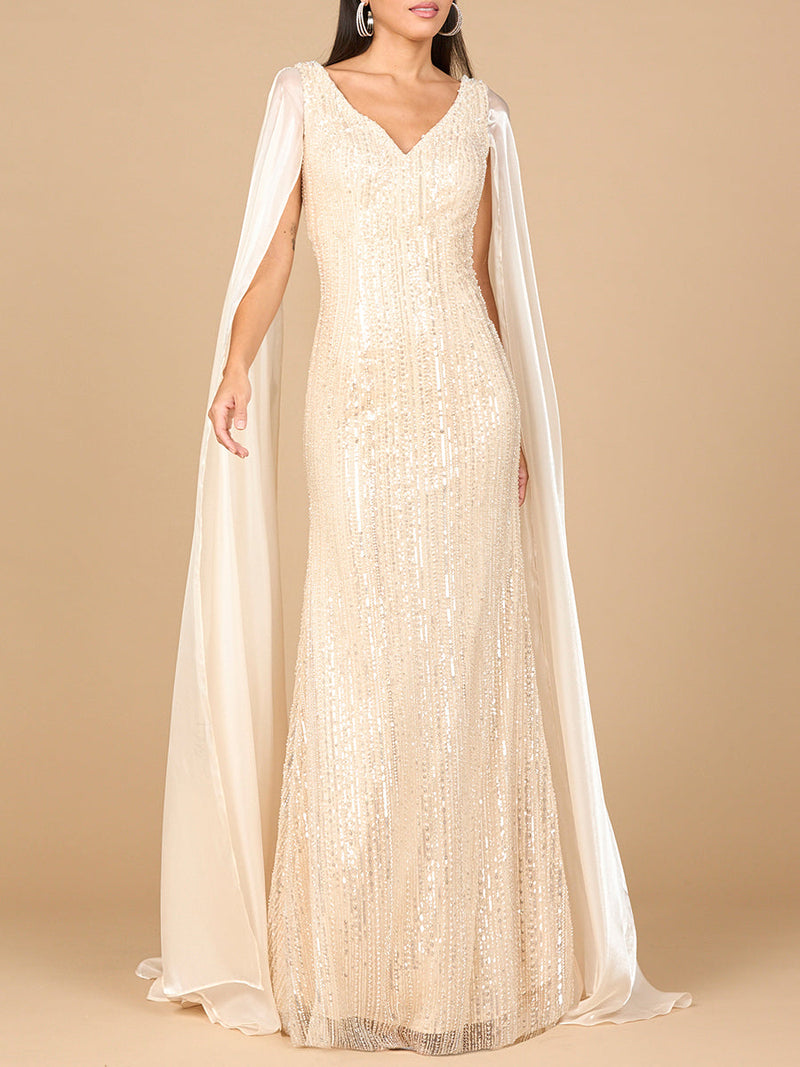 Lara 28942 Champagne Beaded V-neck Evening Gown with Satin Cape Sleeves
