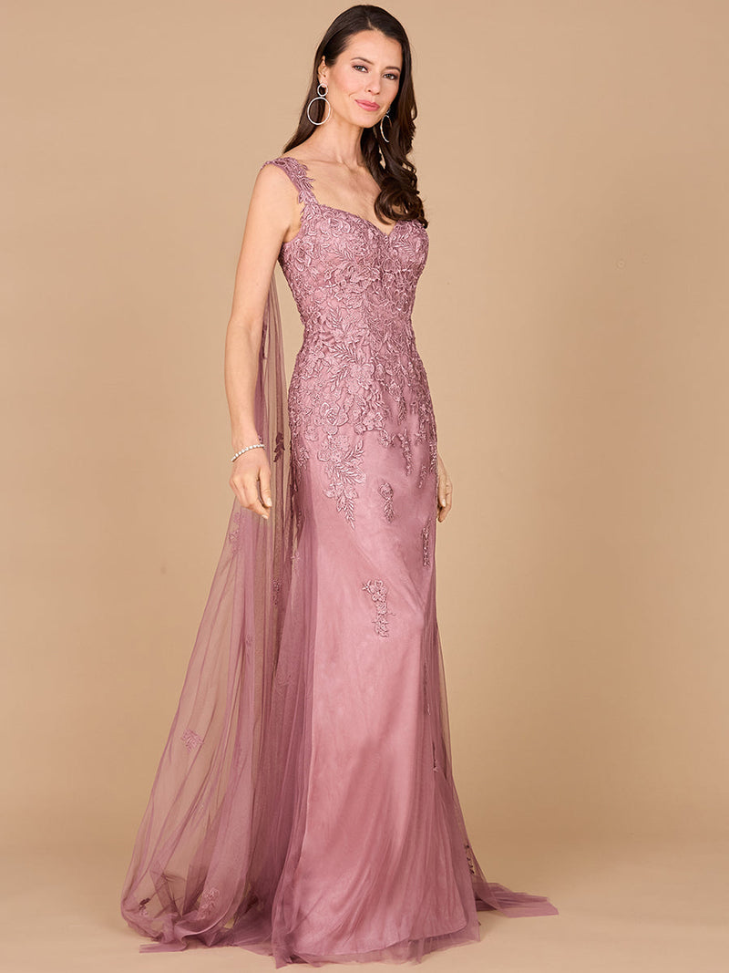 Embroidered Lace Gown with Flowing Capes