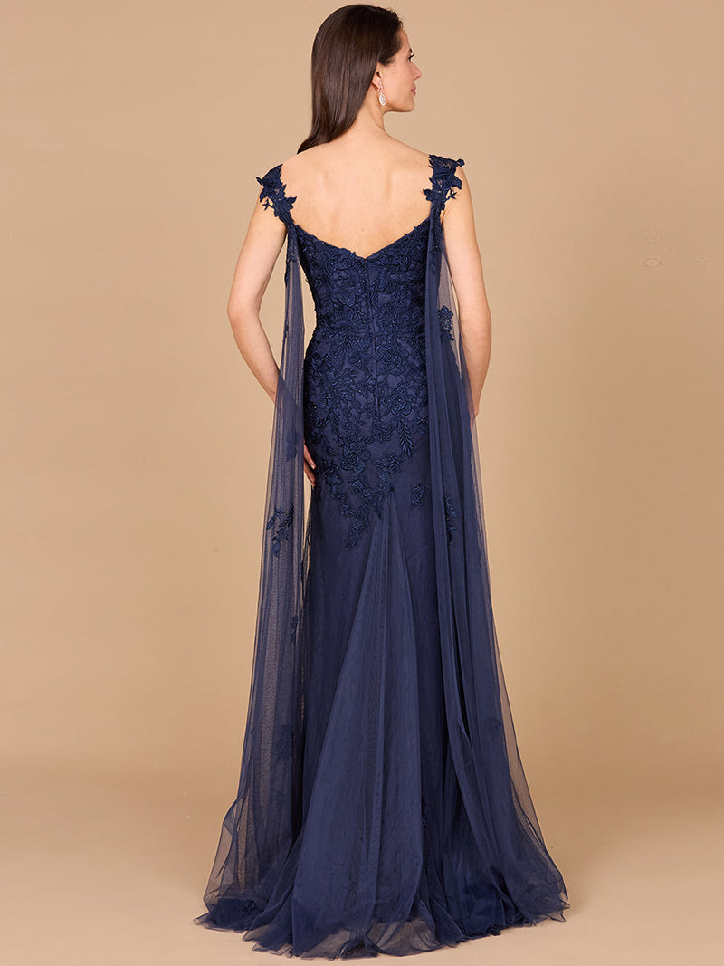 Embroidered Lace Gown with Flowing Capes