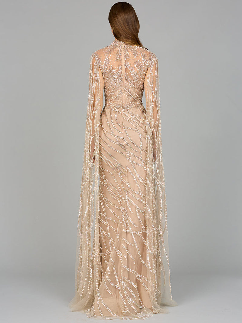 High Neck Gown with Long Cape Sleeves