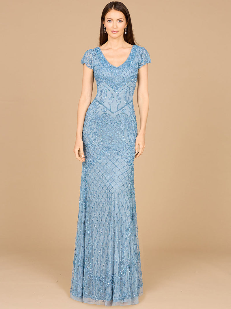 Lara 29073 Beaded Cap Sleeve Formal Evening Gown With V-Neckline