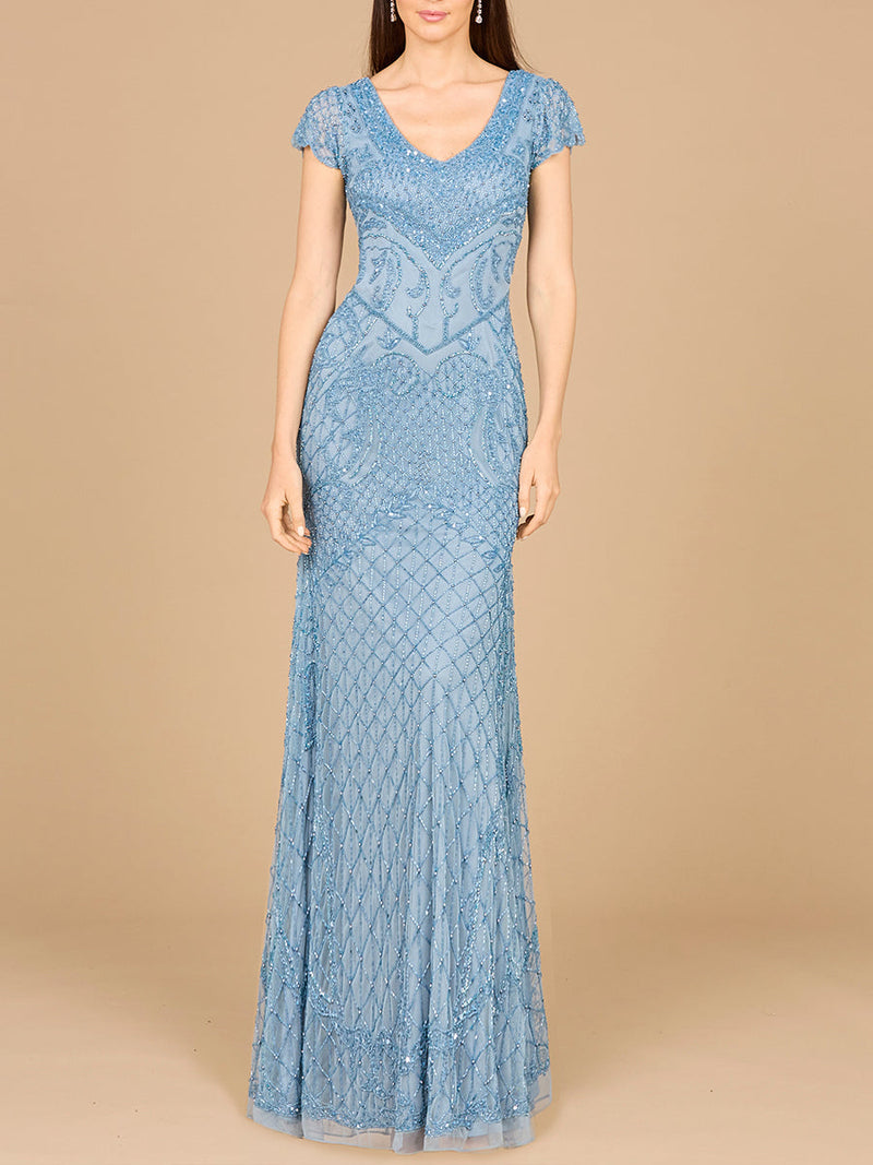 Lara 29073 Beaded Cap Sleeve Formal Evening Gown With V-Neckline