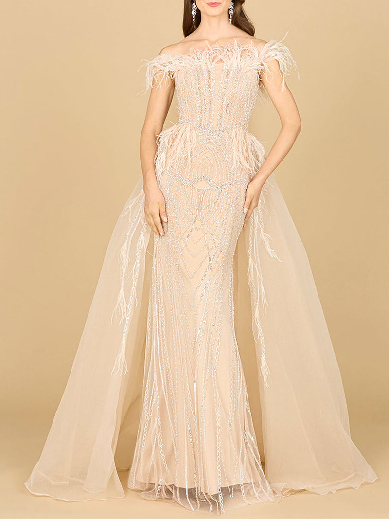 Lara 29161 Overskirt Mother of the Bride Dress Off Shoulder Evening Gown with Feathers