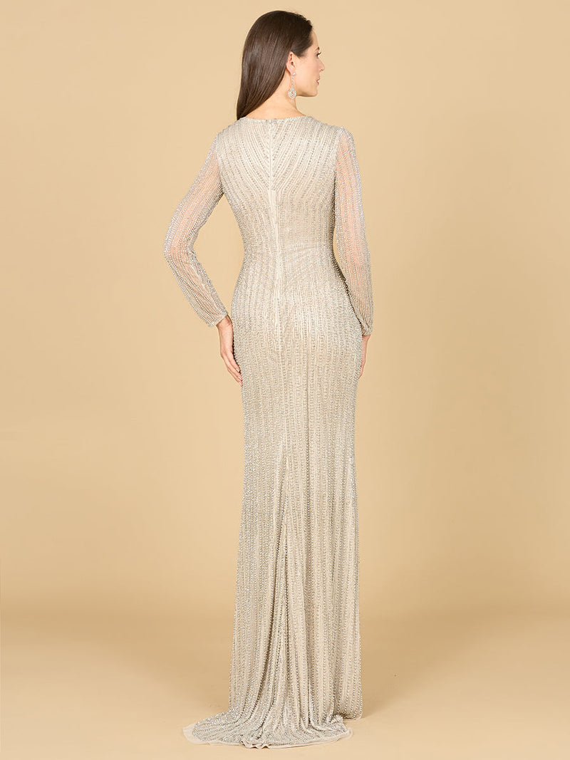 Classic V-Neck Beaded Long Sleeve Gown