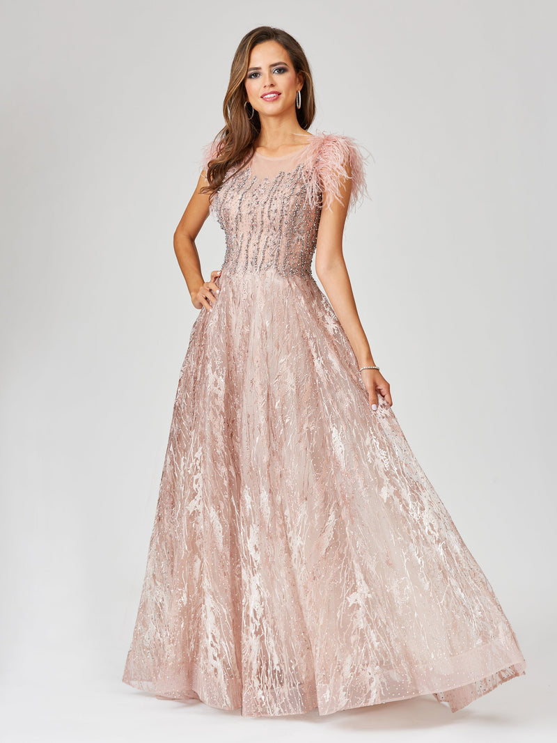 Lara 29475 Lace Beaded ballgown with Feather Cap Sleeves