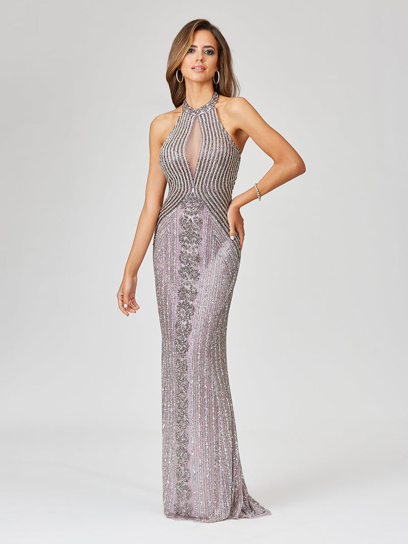 Lara 29600 Beaded Halter Neck Prom Dress Keyhole Mermaid Evening Gown