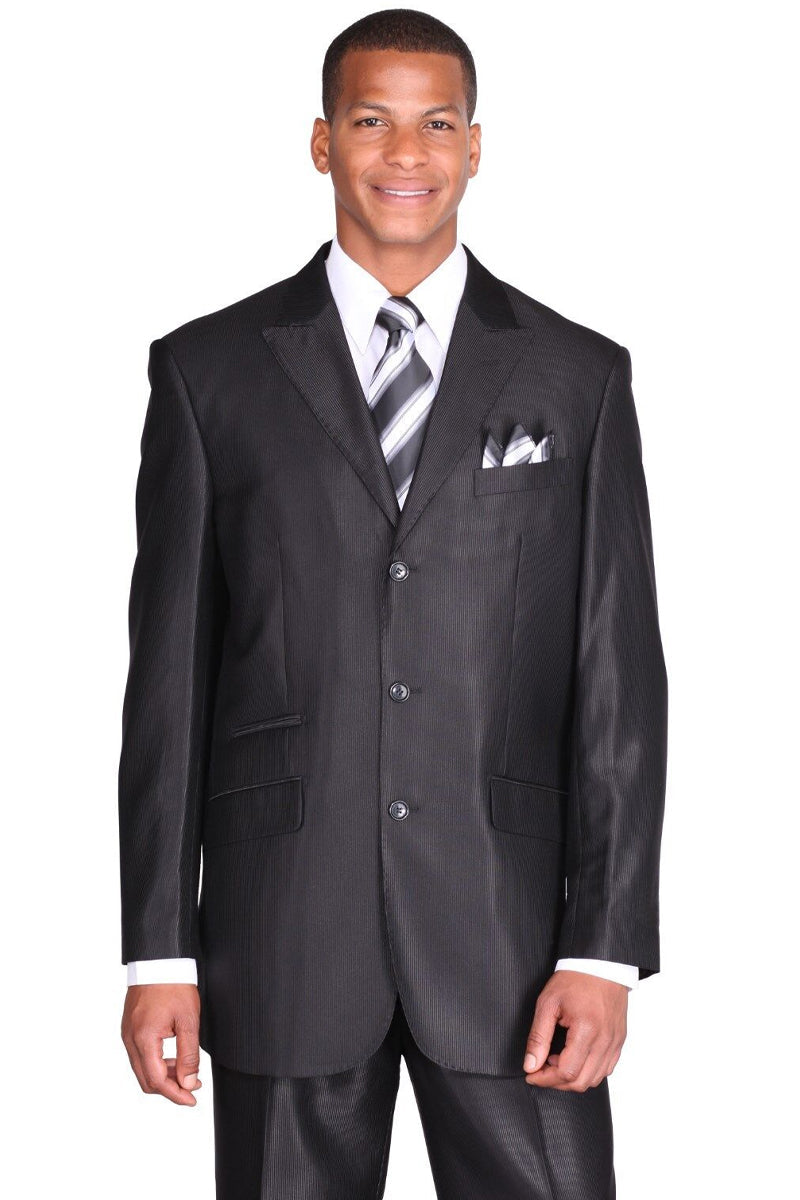 Sharkskin Black Men's Suit - 3 Button Peak Lapel Micro Pinstripe