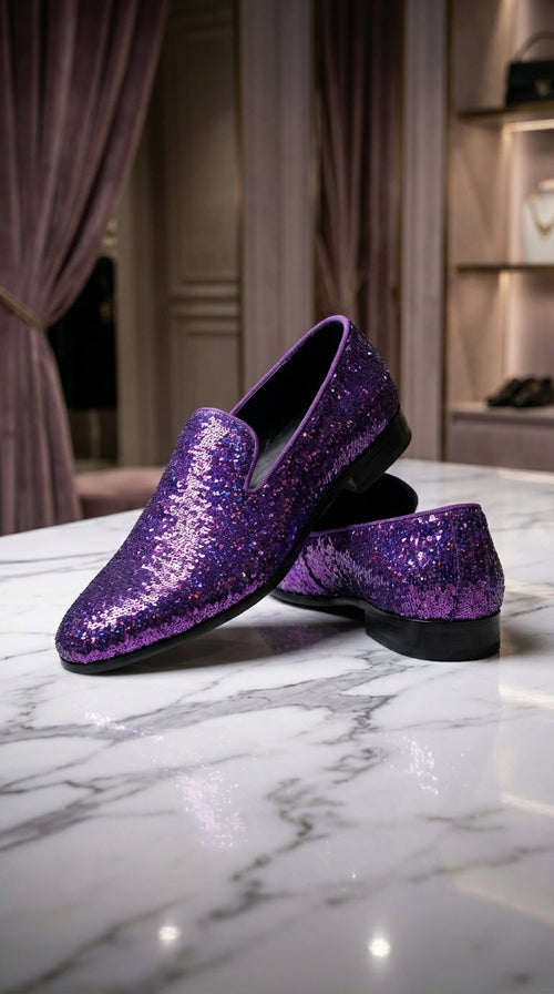 Mens Purple Sequin Dress Shoes Slip on – Luxury Slip On Formal Loafers Wedding Prom Party Designer Footwear