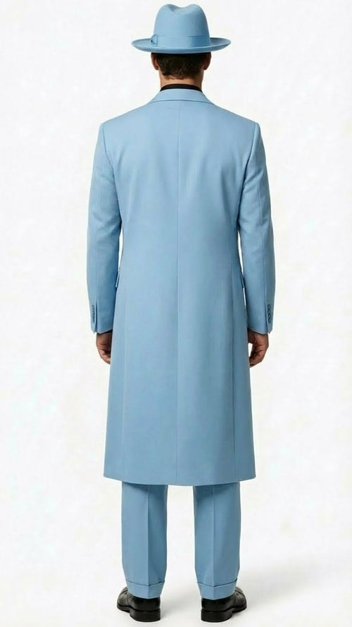 Alberto Nardoni men's light blue zoot suit: long coat & wide-legged trousers in lightweight fabric. Tailored fit, slightly flared hem. Matching hat. Clean, structured silhouette. Uniform light blue.