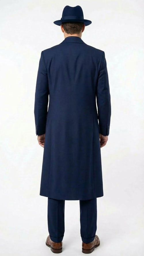 Alberto Nardoni's navy 1920s zoot suit for men. Features a long, tailored coat with a straight silhouette, smooth fabric, and buttoned cuffs, paired with matching trousers and a navy hat.