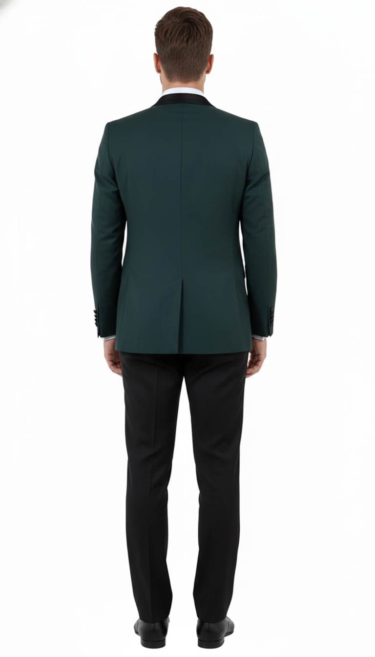 Men's deep green tuxedo suit: tailored blazer with black lapel detailing and single vent. Includes fitted, straight-cut black trousers. Crafted from smooth fabric.