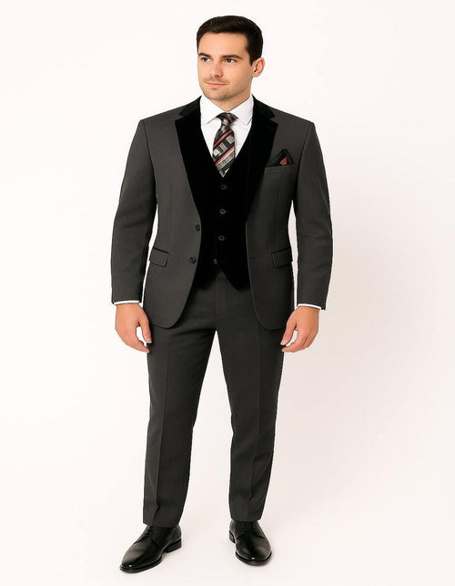 Men's Charcoal Gray 3-Piece Suit with Black Velvet Lapel Ć¢ā¬ā Formal Business and Wedding Attire - Gray Tuxedo