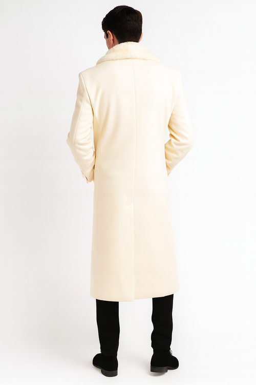 Ivory cream men's overcoat with faux fur shawl collar. Smooth material, tailored silhouette. Straight back, no visible fastenings. Luxurious and elegant.