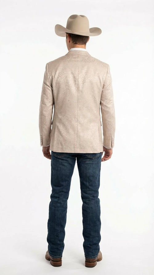 Men’s Tan Khaki Beige Cream Champaign Paisley Western Blazer Jacket, Embossed Dress Sport Coat for Wedding Party Rodeo Style