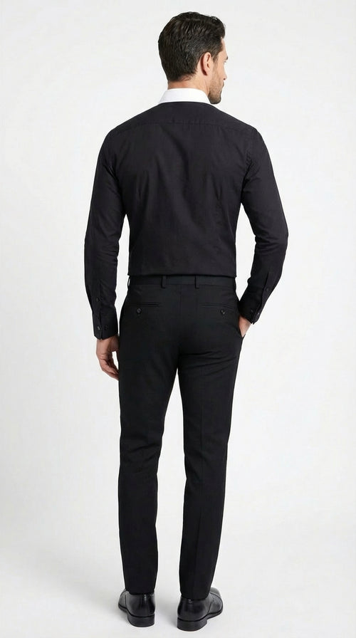 Mens Black Dress Shirt with White Contrast Collar | French Cuff Cotton Poplin Formal Button-Up Shirt