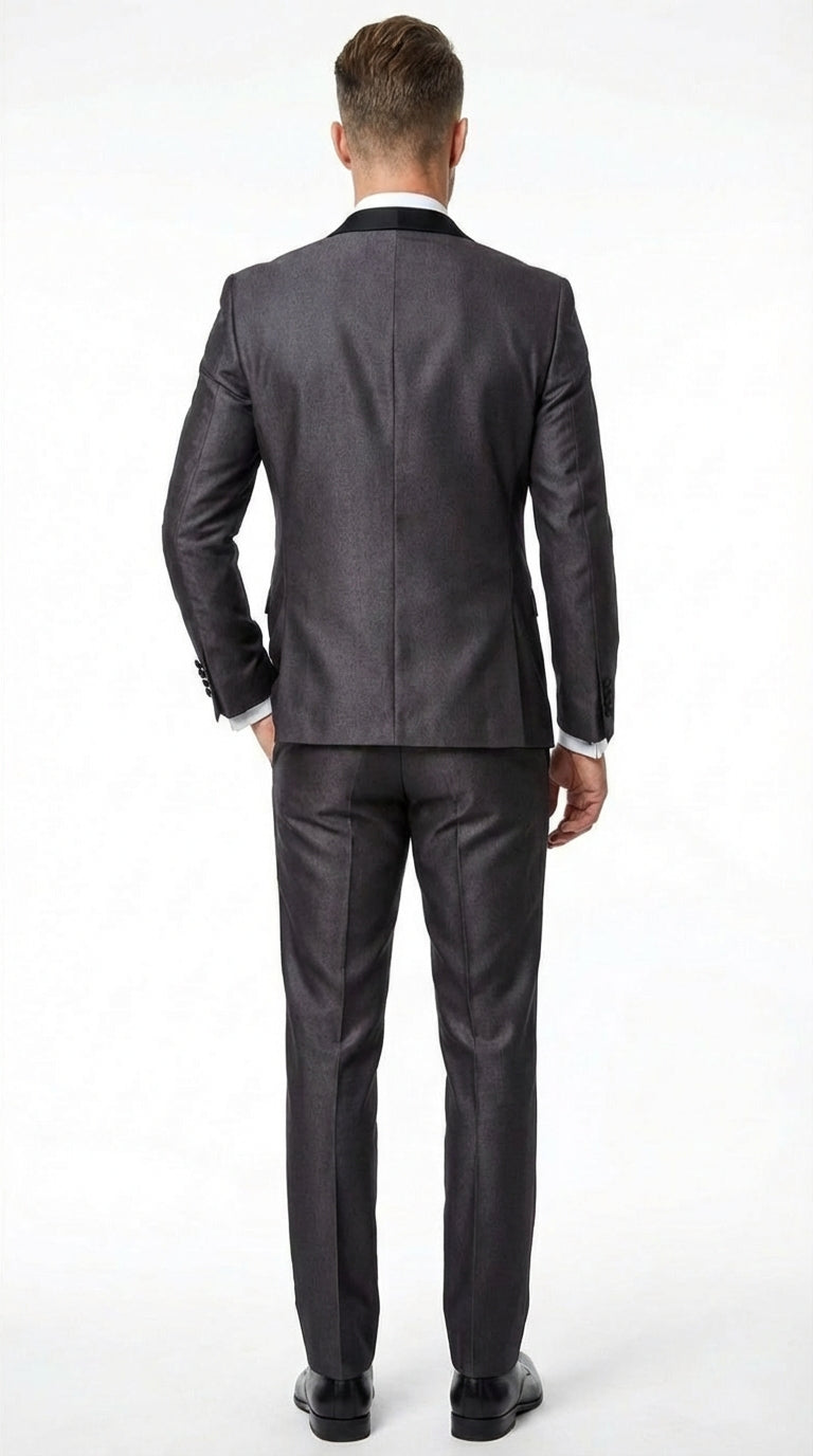 Mens Shiny Sateen Charcoal Gray Tuxedo 3 Piece Suit with Black Shawl Lapel | Formal Wedding Prom Suit Sharkskin