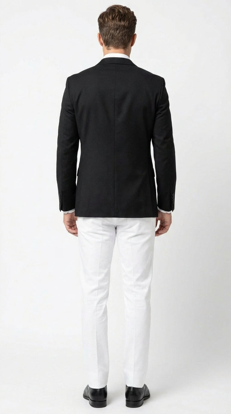 Mens Solid Black Two Button Suit Jacket Blazer With White Pants | Black Blazer Sport Coat